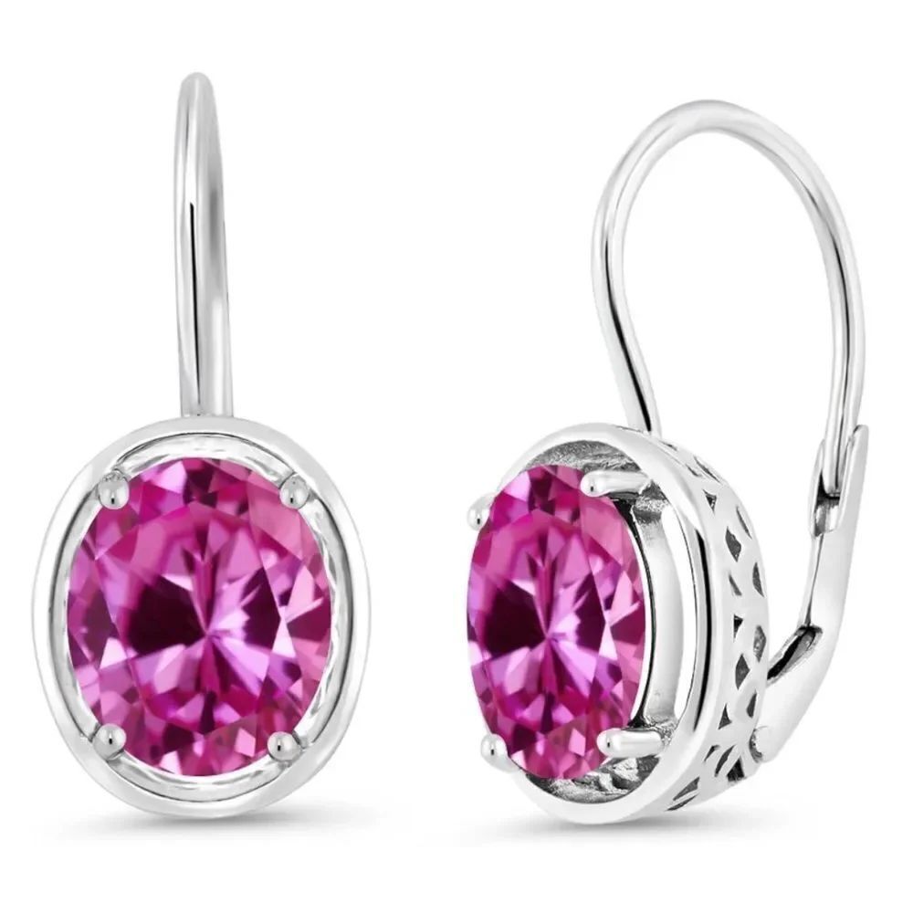 925 Sterling Silver with 4.80 Cttw Pink Sapphire Oval Leverback Drop Earrings
